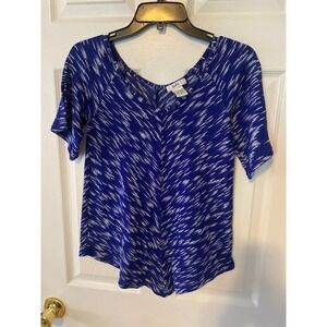Isela Blue White Space Dye Knit V-Neck Top Short Sleeve Casual Blouse Small